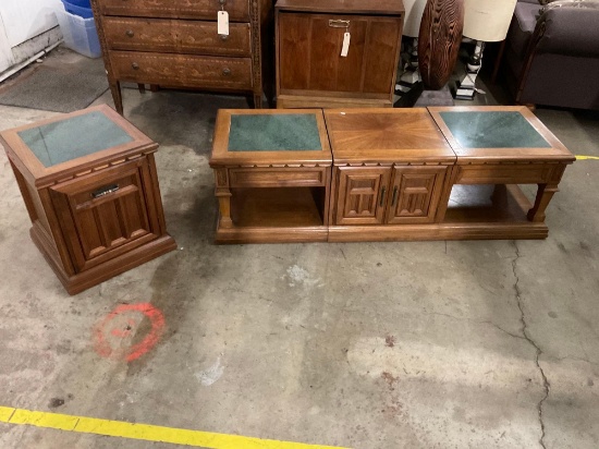 Matching Oak Coffee table and side table with green granite tops. Matches lot #44.