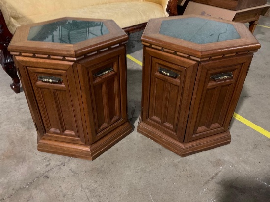 Pair of Hexagonal Oak Side Tables with green granite tops. Matches previous lot (#43).