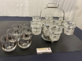 Vintage Frosted Glass Tumbler and Ice Bucket Set + 6 Federal Atomic Harlequin Black Gold Glasses