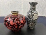 2 Enameled Vase Jars, red and black, and black and white