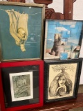 3 Framed Art Pieces, a watercolor, a pen drawing, a print of the baby, and Rene Magritte Art Puzzle