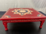 Lalhaveli Indian Square Hand Painted Design Solid Red Wooden Coffee Table 18 x 18 x 6 Inch