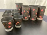 Vintage Mid Century Modern Floral / Dark Gray Glassware set of 15 items