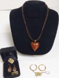 Italian Necklace with Heart Pendant, 2 Pairs of 14k Gold Earrings