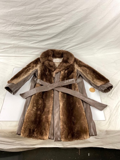 Beautiful vintage The Bon Marche fur / sheep / Lama ?coat with leather accents,