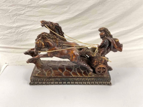 Vintage Bronze Sculpture of a Roman Soldier and Horses on Chariot signed by artist