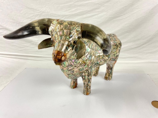 Vintage mosaic style Abalone bull figure with real animal horns,