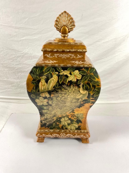 Vintage ornate wooden painted vase with lid,