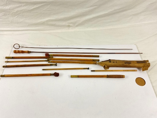 Antique EUREKA WOODEN GUN CLEANING RODS and ATTACHMENTS, 12ct