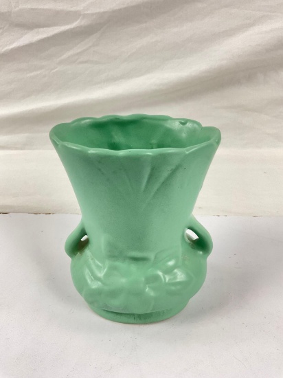 Vintage WELLER Blossom 2 handled vase, green with floral pattern