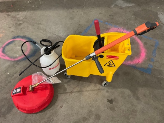 Lot of cleaning tools RIGID SURFACE CLEANER and RUBBERMAID bucket.