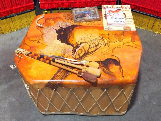 Hand Made & Painted Taos Drum w/ Scene of Chauvet Cave Drawing by Indigenous Artist Mike Kopepassah