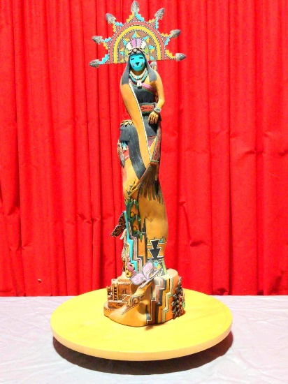 Hopi Butterfly Kachina Wood Carved Statue by Leonard Taha II (?) on Rotating Base