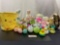 Lot of Easter Eggs, Stuffed Rabbits, Large Gold Egg, Chick Cloth Bucket