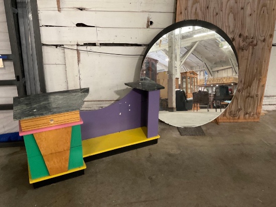 Retro / Art Deco desk with stone slab top and large circular mirror