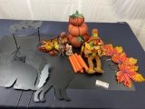 Thanksgiving Assorted Lot of Decor items, Lefton China Pilgrim figurine, stitched pumpkins