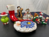 Christmas Decor, Santa Clock, Cowboy Santa figure, Grinch Mug with topper, & Charlie Brown Noel Sign