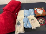 Holiday Towels, Santa Pillow, and 2 Very Soft Red Blankets