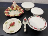 3 Cake Stands, Cardinal Styled Lenox Server and Plate, Elaborate Santa Serving Platter