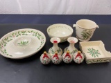 Lenox Holly Themed Serving Ware, 2 Candlesticks, 4 S&P Shakers, Chip & Dip Tray, Bowl, Urn, Napkin