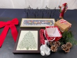 Assorted Christmas Decor Items, Candy Cane Pens, Reindeer Candleholder, Framed Tree Cross Stitch