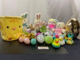 Lot of Easter Eggs, Stuffed Rabbits, Large Gold Egg, Chick Cloth Bucket