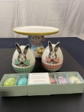 Williams-Sonoma Alabaster Easter Eggs, Light-up Easter Bunny Cake stand, two bunny shaped dishes
