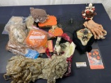 Assorted Halloween Decorations, Witch, Pumpkin Wall Hangings, 10 wigs of varying quality, and more