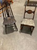 Lot of miscellaneous vintage wooden chairs.