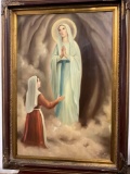 Antique Signed Framed Oil on Canvas 'Our Lady Of Lourdes' by John Pieron