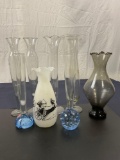 Gorgeous Assortment of 8 Vases 6 of which have Ruffled tops, and 6 of which are thin flutes