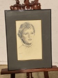 Framed Portrait Drawing of a lady by artist Harman 1974