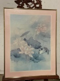 Framed Art Print by Lena Liu of a Lotus plant in a pond with birds.