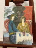 Oil on Canvas Painting Modern Abstract of two women sitting at a table. Signed by artist