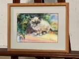 Framed Watercolor on board of a Siamese Kitten on a Balcony by Beverly Pedersen 1992