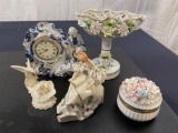 Vintage Porcelain Pieces, Linden Alarm Clock Blue/White/Golden, The Reader by Lenox, Ardalt Trinket