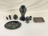 Small collection of Chinese Black Lacquer trays and vases, 8ct