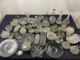 Massive lot of Assorted Crystal/Cut Glass Dishware, Candy Dishes, Decanters, Vases, Serving Dishes