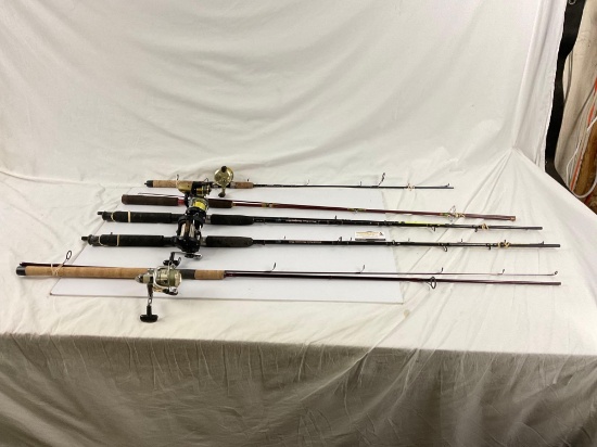 Collection of vintage/modern fishing poles with reels, 5ct