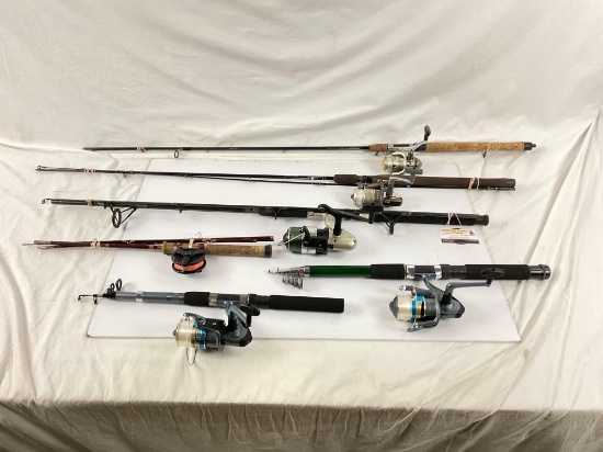 Collection of vintage/modern fishing poles with reels, 6ct