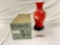 Orange & White Chinese PEKING Cameo Glass Vase with Wooden Stand & Original Box