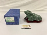 Genuine Chinese Solid Jade Carved Water Buffalo Figure with Wooden Stand,