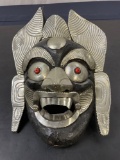 Vintage Old Wooden Tribal Demon Mask w/ Metal Fitted & Pinned. Handcrafted
