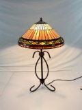 Vintage Stained Glass Lamp With Wrought Iron Base 27in Tall