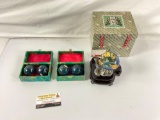 2x Pairs of Enamel Chinese Stress Balls and 1x CLOISONNE Enamel Fish on Stand,