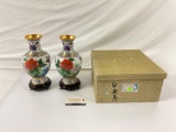 Pair of Beautiful CLOISONNE Chinese Vases with Wooden Stands and Original Box