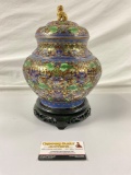 Chinese CHAMPLEVE Brass and Enamel Vase with Wooden Stand,