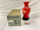 Orange & White Chinese PEKING Cameo Glass Vase with Wooden Stand & Original Box