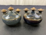 Duo of Glazed NAFZIGER Pottery Triple Wicked Oil Lamps