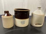 3 Glazed Pottery Crocks, one 2 Gallon two tone Jar